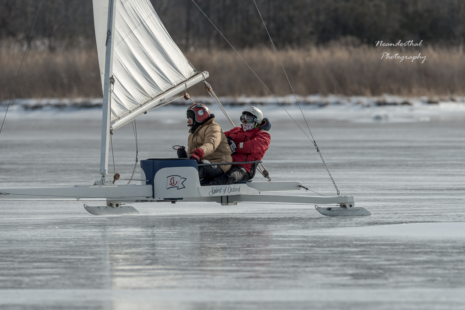 Shane Kilberg sailing the Spirit of Oxford two-person iceboat at Claiborne