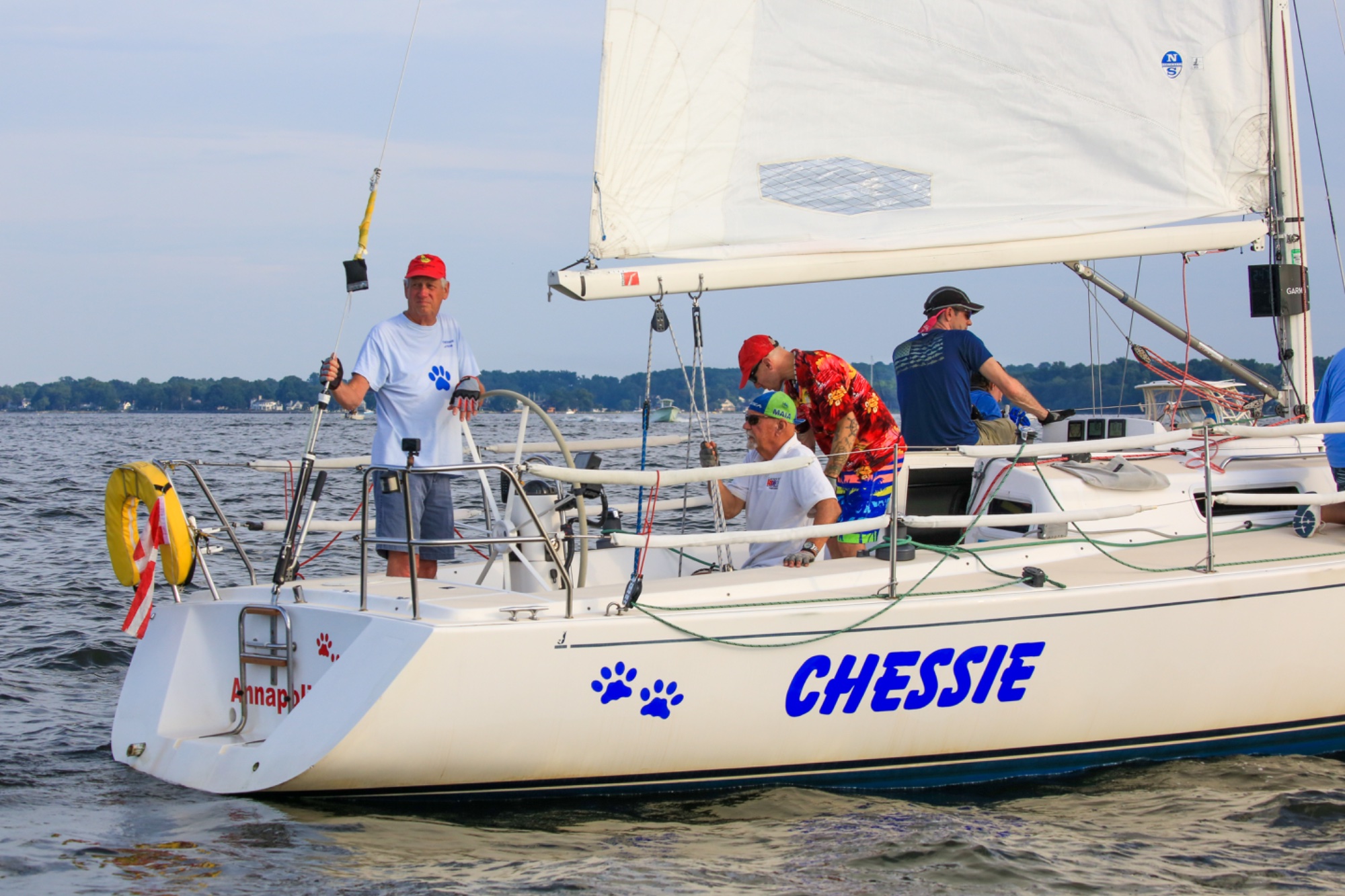 Crew working together aboard J/105 Chessie during Wednesday night racing in Annapolis