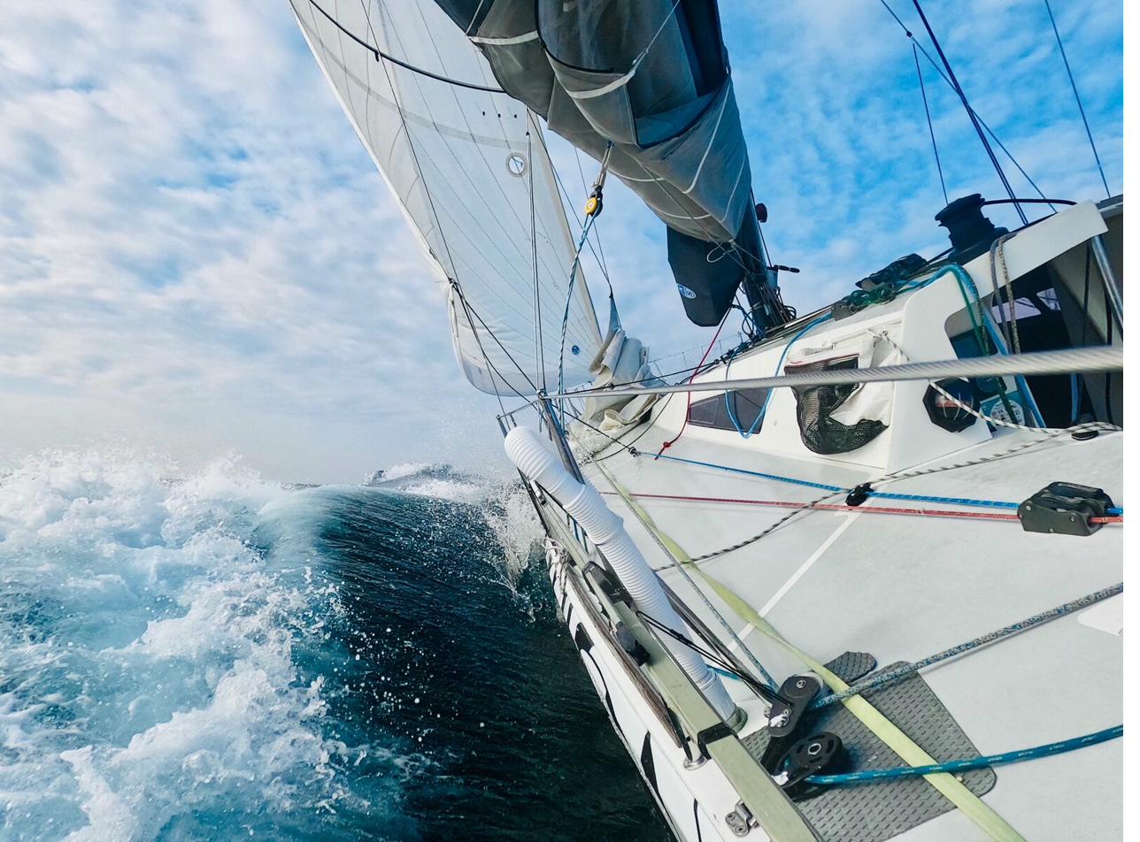 Sailing yacht heeled over during a sea trial on the Chesapeake Bay
