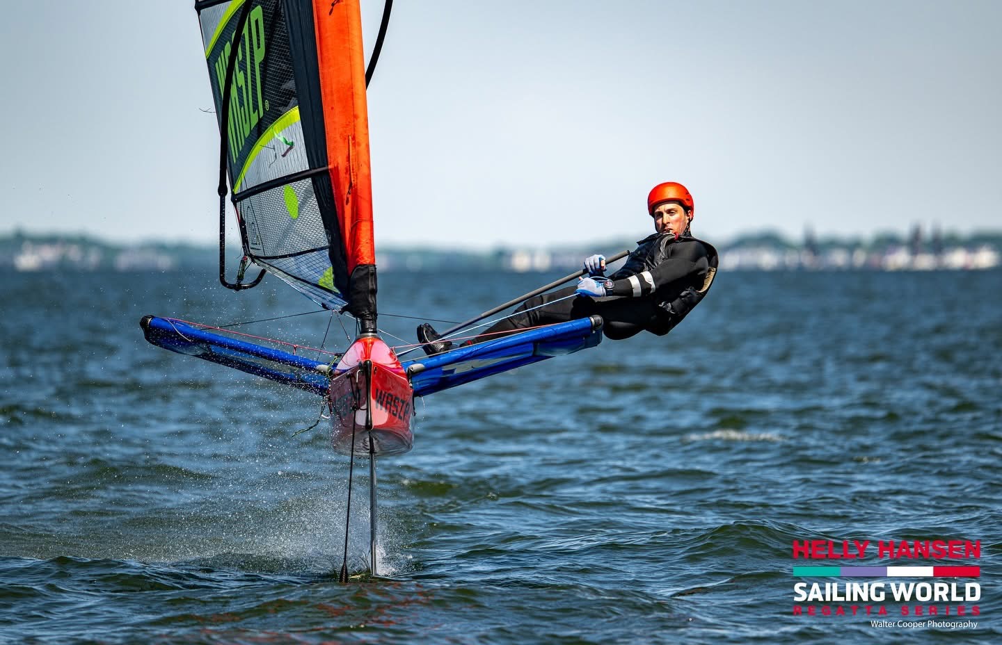 A WASZP foiling at speed during the Helly Hansen Sailing World Regatta in Annapolis